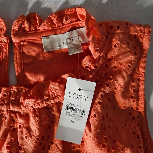LOFT Women's Lively Coral Ruffled Neck Eyelet Tiered Swing Dress Size Medium NWT - Picture 8 of 11